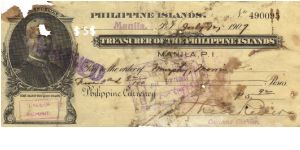 RARE Treasurer of the Philippine Islands Govonor Lawton check. Banknote