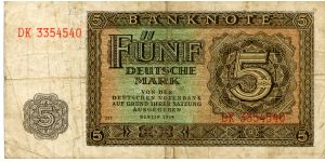 DDR 
DEUTSCHE NOTENBANK
5 Deutsche Mark
Brown/Green
Value to left, Fancy frame and value
Fancy frame and value Banknote