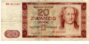 DDR 
DEUTSCHE NOTENBANK
20 Marks
Redbrown
Johann Wolfgang Von Goeth
National theater Wiemar, National emblem
Wtmk JW Von Goeth Banknote