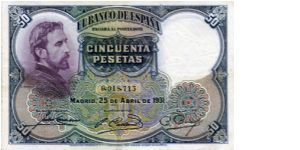 50 Ptas
Blue/Lilac/Violet
E Rosales and value
Death of Lucritia by E Rosales
Wtmk womans head Banknote