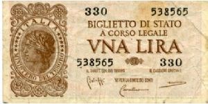 1 Lira
Brown/Green
Signatures Bolaffi, Cavallaro & Giovinco
Italia's head
Value Banknote