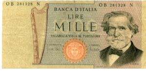 100 Lira
Black/Brown
Harp and Verdi
La Scala opera house Milan
Wtmk Vertical row of Laureated heads Banknote