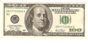 100 Dollars.

Redesigned and enlarged portrait of Benjamin Franklin at left center on face; Independence Hall on back.

Pick #519a Banknote