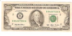 100 Dollars.

Portrait Benjamin Franklin at center on face; Independence Hall on back.

Pick #495 Banknote