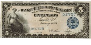 1928 5 Pesos XF/AU+ (BANK OF THE PHILIPPINE ISLANDS)
SN:D497730D Banknote