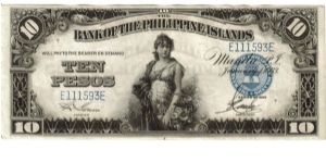 1933 10 Pesos XF/AU+ (BANK OF THE PHILIPPINE ISLANDS)
SN:E111593E Banknote