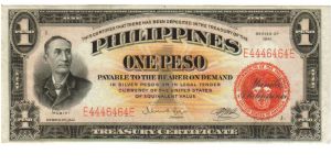 1941 1 Pesos UNC (P- Treasury Certificate)
SN:D4446464D(Binary) Banknote