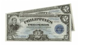 1944 2 Peso UNC (P- VICTORY Note)
SN:F17741948, F7741949 (2 Sequential Notes) Banknote