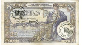 Italian Occupation of Montenegro

Hand stamp on P27
100 Dinara
Purple/Yellow/Blue
Sailboats on river, Seated woman with sword & town in background
Sailboats and man in national dress with fruit and shield on 
Wmk Alexander Banknote