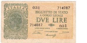 Kingdom of Italy - 2 Lire Banknote