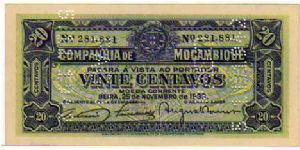 20 Centavos__

pk# R 29__

Regional Issues

Companhia de Mocambique__

Banco de Beira 
29-November-1933__

Perfored
*Pago
05-November-1942*
 Banknote