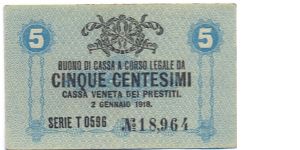 Kingdom of Italy - 5 Centesimi - Cassa Veneta dei Prestiti Banknote