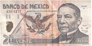 20 Pesos.  Polymer Note. 20 Pesos 
 
Dated 17 May 2001 actualy issue 30 September 2002
 
Jose Julian Sidaoui Dib (Large sig)
Raul Sierra Otero
 
President Benito Juarez, Coat of arms of Mexico
Statue of Juarez, stone archway and Lion
 
There are 5 different sig veriations  and many different series letter LOL from A to Z but no I or O they were thought to be to close in apperance to the value numerals.
Info thanks to De-Orc! Banknote