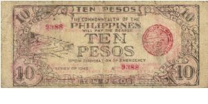 S-409 RARE Leyte Emergency Currency Board 10 Peso note. Banknote