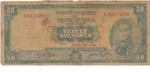 20 Bolivares
Jan-29-1974
Serial:A9911856 Banknote