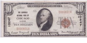 1929 $10 LAWNDALE NATIONAL BANK OF CHICAGO


**TYPE I**

**CHARTER #10247**


**3 DIGIT SERIAL** Banknote