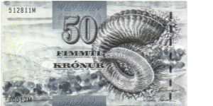 Faeroe Islands.
Ram's horn on front. Cliff on back Banknote