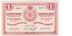 1 markka
Serie A
8 serial number

This note is made of 03.01.-23.09. 1916 Banknote