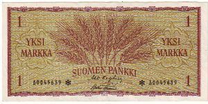 1 markka Serie A

The replacement of banknotes (asterisk)

This note is made of 1963 Banknote