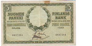 5 markkaa
This note is made of 31.1.-29.2. 1920 Banknote