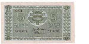 5 markkaa Litt.B  This note is made 07.10.-16.10.  1929 Banknote