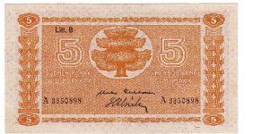 5 markkaa Litt.B This note is made 1948 Banknote