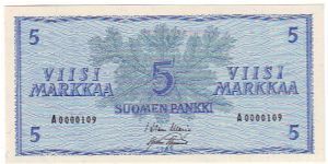 5 markkaa

Low serial number

This note is made 1962 Banknote