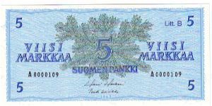 5 markkaa Litt.B 

Low serial number

This note is made 1980 Banknote