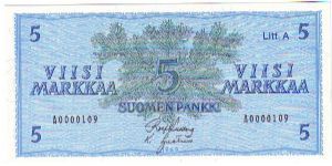 5 markkaa Litt.A 

Low serial number

This note is made 1976 Banknote