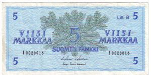 5 markkaa Litt.B

The replacement note i-series (without the stars)

This note is made of 1982 Banknote
