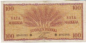 100 markkaa 
The replacement of banknotes (asterisk)
	
This note is made of 1957 Banknote