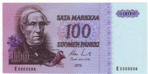 100 markkaa 1976
Rare (very low serial number)
	
This note is made of 1980 Banknote