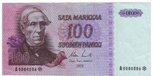 100 markkaa 1976
The replacement of banknotes (a small number)	
This note is made of 1976 Banknote