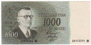 1000 Markkaa serie A

Rare

Banknote size 142 X 69mm (inch 5,591 X 2,717)

Made of 301,220 pieces

The replacement of banknotes (asterisk)

	
This note is made of 1956 Banknote