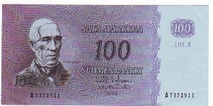 100 Markkaa Litt.A Serie A

Banknote size 142 X 69mm (inch 5,591 X 2,717)

Made of 10,000,000 pieces

	
This note is made of 1970 Banknote