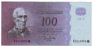 100 Markkaa Litt.A Serie C

	
The replacement of banknotes (asterisk)	

Banknote size 142 X 69mm (inch 5,591 X 2,717)

Made of 20,000 pieces


This note is made of 1972 Banknote