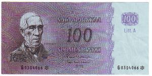 100 Markkaa Litt.A Serie G

The replacement of banknotes (asterisk)

Banknote size 142 X 69mm (inch 5,591 X 2,717)

Made of 48,000 pieces 

This note is made of 1976 Banknote