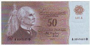 50 markkaa Litt.A

Very rare (only printed 8000 copies)
The replacement of banknotes (asterisk)

Banknote size 142 X 69mm (inch 5,59 X 2,716)


	
This note is made of 1969 Banknote