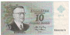 10 Markkaa Litt.A

Banknote size 141 X 69mm (inch 5,55 X 2,72)

Uncommon (a small number)

This note is made of 1980 Banknote