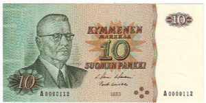 10 Markkaa Serie A
	
Rare (A small number)

Banknote size 142 X 69mm (inch 5,59 X 2,72)

This note is made of 1980 Banknote