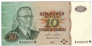 10 Markkaa Serie A

The replacement of banknotes (asterisk)
Moreover, even a small number

Banknote size 142 X 69mm (inch 5,59 X 2,72)

This note is made of 1980 Banknote