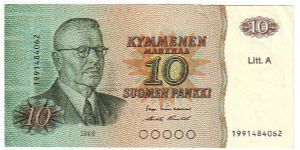 10 Markkaa Litt.A

The replacement of banknotes (199...)

Banknote size 142 X 69mm (inch 5,59 X 2,72)
 
This note is made of 1984 Banknote