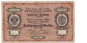 20 Markkaa

Rare

Banknote size 139 X 78mm (inch 5,472 X 3,07)
 
This note is made of 13.03.-28.03. 1885 Banknote