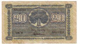20 Markkaa 1945 Litt.A Serie A

This money has been made of 10,000,000 pieces 

Banknote size 120 X 67mm (inch 4,72 X 2,64) 

This note is made of 1946 Banknote