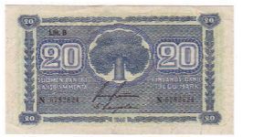 20 Markkaa Litt.B Serie N

This money has been made of 10,000,000 pieces 

Banknote size 119 X 67mm (inch 4,68 X 2,64) 

This note is made of 1952 Banknote