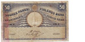 50 Markkaa Litt.A

Very rare

This note is made of 13.05.-21.05. 1918

This money has been made of 1.581.000 pieces 

Banknote size 155 X 92mm (inch 6,1 X 3,6) Banknote