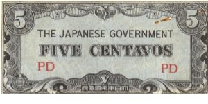 PI-103 Philippine 5 centvo note under Japan rule, block letters PD. Banknote