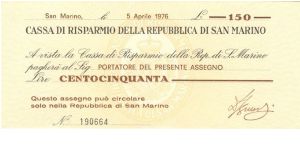 Small change issue in the form of a bearer cheque issued by San Marino Banknote