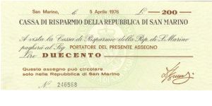 Small change issue in the form of a bearer cheque issued by San Marino Banknote