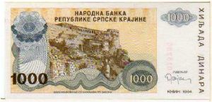 *SERBIAN REPUBLIC of KRAJINA*__


1000 Dinara__

pk# R 30 a__

Issue for the Serbian Occupied Krajina Region at Knin
 Banknote